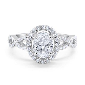 14K White Gold Art Deco Halo Wedding Ring Oval Round Simulated Cubic Zirconia Size-7